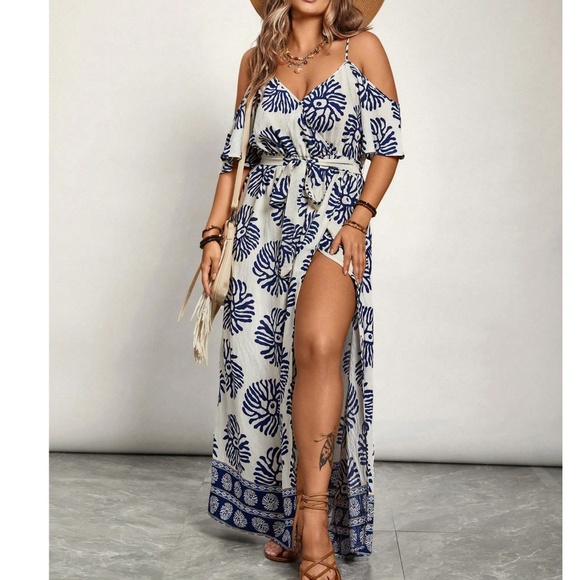 Plus Tropical Leaves Print Cold Shoulder Belted Maxi Dress - Picture 1 of 7